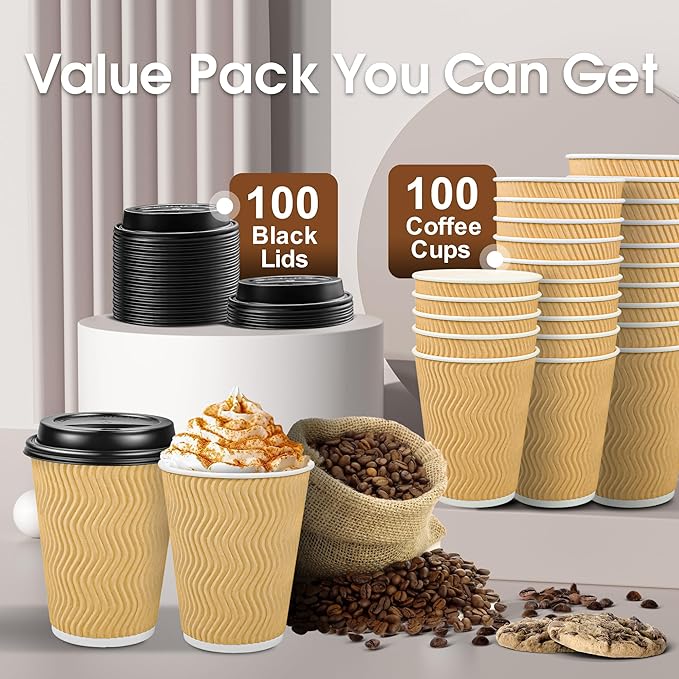 Ginkgo 100 Pack Disposable Coffee Cups with Lids 12oz, Insulated Ripple Wall To Go Paper Hot Cups - Beige