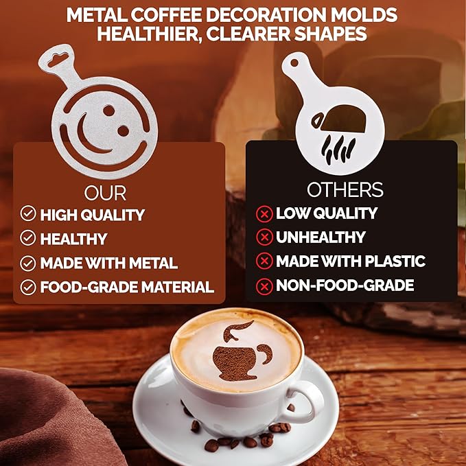 3Pcs Stainless Steel Reusable Metal Coffee Stencils for Latte Art Coffee Decorating Kit - Cookie Stencils for Royal Icing - Metal Baking Stencil Christmas- Cake Decorating Kit
