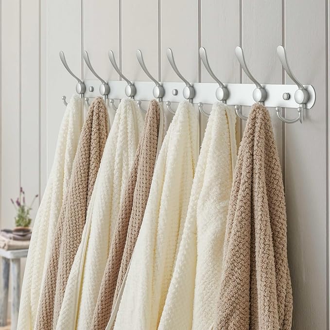 Dseap Coat Rack Wall Mount - 29.5” Long 8-Tri-Hooks Heavy Duty Coat Hanger Rail Wall Hooks for Hanging Coats Hats Clothing Clothes Purse Mudroom Entryway, Silver