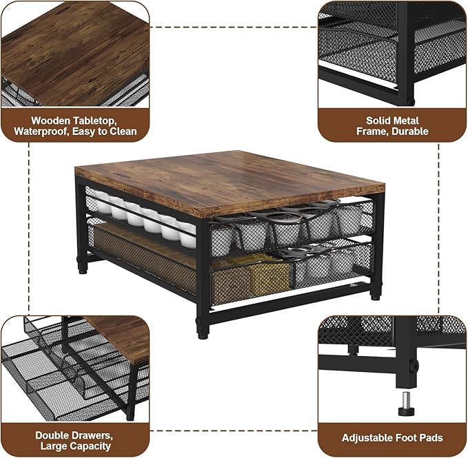 Coffee Pod Holder For Counter, Wooden K Cup Holder with Sliding Drawer, Large Capacity Coffee Pod Storage for Coffee Station, Home, Office, Kitchen