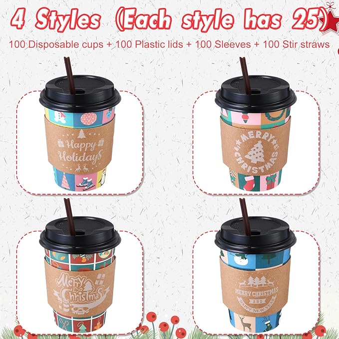 Remerry 100 Sets 400 Pcs 12 oz Christmas Disposable Coffee Cups with Lid, Straws and Sleeves Snowflake Reindeer Snowman Paper Cups Xmas Party Supplies for Hot Drink Cold Beverage(Christmas Style)