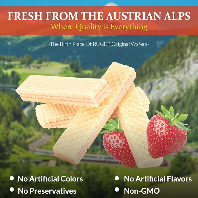 Ruger Wafers Austrian Strawberry Wafers, 2.125 Ounce (Pack of 12) - Delightfully Crisp and Creamy Strawberry Treats with Natural Ingredients and Extended Freshness, Ideal for Snacking, Desserts, and Anytime Enjoyment