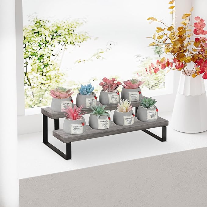 YINMIT Wooden Display Riser Stand, Tiered Perfume and Cologne Organizer Stand, 2 Tier Spice Rack Organizer, Rustic Display Shelf for Candles (2 Tier,Grey)