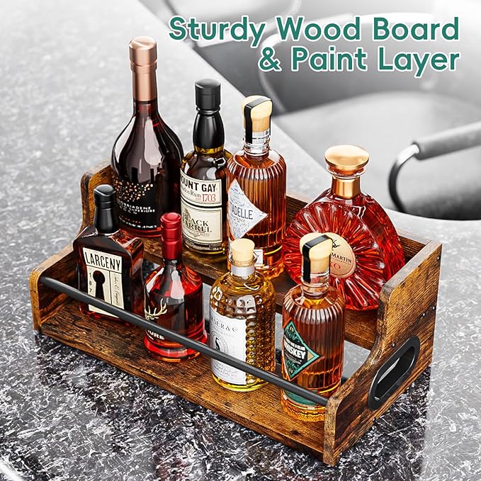 KLM Liquor Bottle Display Shelf, Coffee Syrup Rack Organizer, 2 Step Countertop Liquor Wine Rack, mini bar,Liquor Cabinet, Home Retro Bar Shelf Stand for Liquor Whiskey, Spirits, Brown