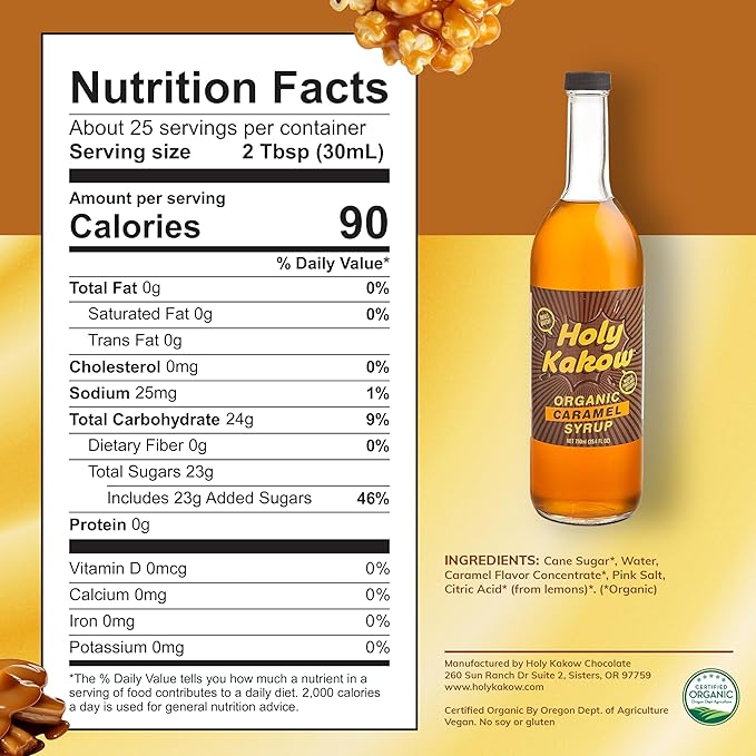 Holy Kakow Cafe Organic Caramel Syrup - Caramel Coffee Syrup, Organic Syrup for Coffee, Caramel Syrup for Coffee, Add to Latte, Cocktail and Shake, Real Food Ingredients, Specific Flavor - 750ml