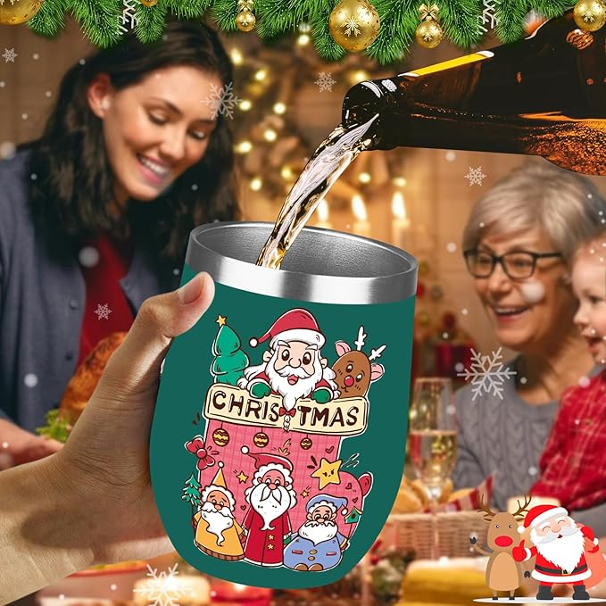 Christmas Wine Tumbler 12 oz Stainless Steel Wine Tumble Insulated Wine Tumbler with Lid Christmas Wine Glass Gifts with Straw and Brushes for Women Men Xmas Wedding Party (Green)