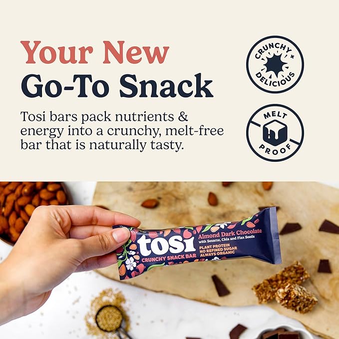 Tosi Nut Bars, Almond Dark Chocolate, Healthy Snacks for Adults & Kids, Plant Based Crunchy Bars (6G Protein), Organic Keto Snacks, Vegan, Gluten & Soy Free, Low Sugar, Omega 3s, 1oz, 12-Pack