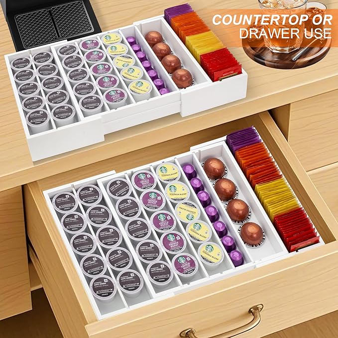MinBoo Bamboo Drawer Organizer - Expandable K Cup & Pods Holder, Coffee Pod Storage, Tea Organizer, Versatile Kitchen Accessory Organization and Storage,White