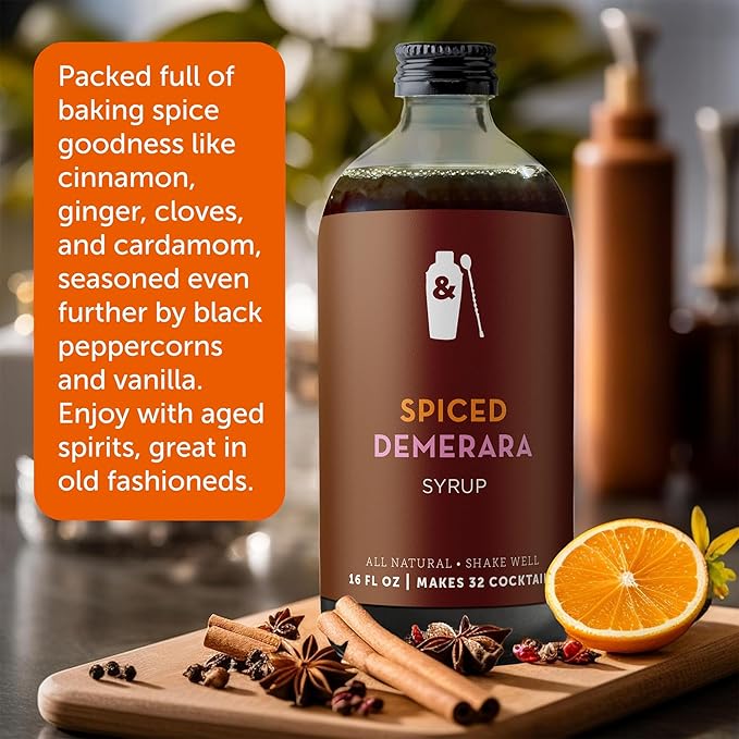 Shaker & Spoon Spiced Demerara Cocktail Syrup, 16oz Ginger, Cinnamon & Vanilla Flavored Syrups for Drinks, Coffee Syrup, Vegan Cocktail Mixers, Lattes, Teas, Mocktails, Non Alcoholic Drinks