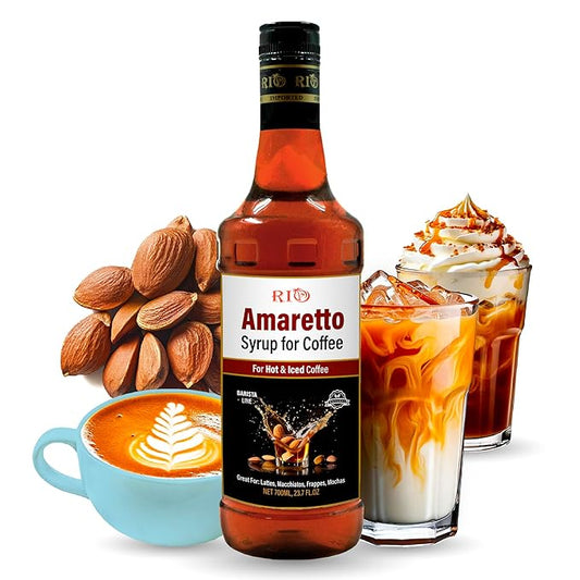 RIO Amaretto Flavoring Coffee Syrup Perfect for Hot or Iced Drinks and Desserts, Sweet and Nutty taste, Sweetened with Pure Cane Sugar, Barista-Grade  Flavor Syrups For Coffee Drinks at Home & Work - 700ml