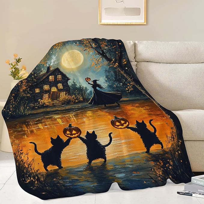Halloween Cat Blanket, Pumpkin Black Cat Fleece Flannel Throw Blanket, Witch Soft Lightweight Stuff Throws Gifts for Women Men Boys Girls Lovers Adults Lovers Sofa Decor 80"x60"