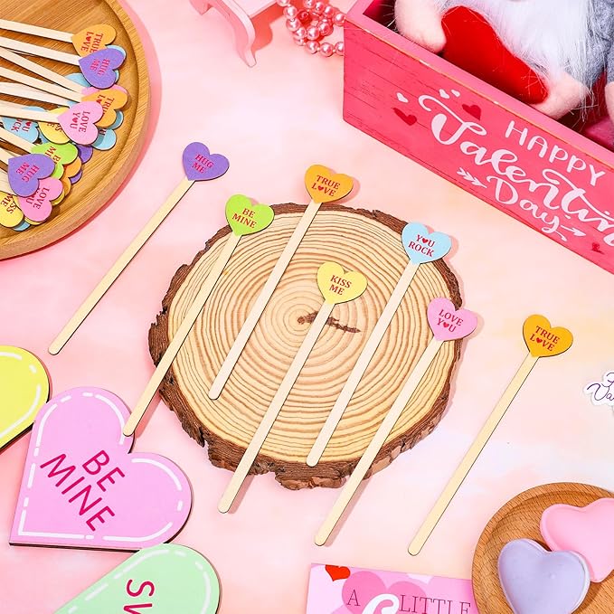 120Pcs Valentine's Day Coffee Stirrers Pastel Conversation Heart Stir Sticks Wooden Drink Stirrers Disposable For Home Office Bar Restaurant Party Supplies