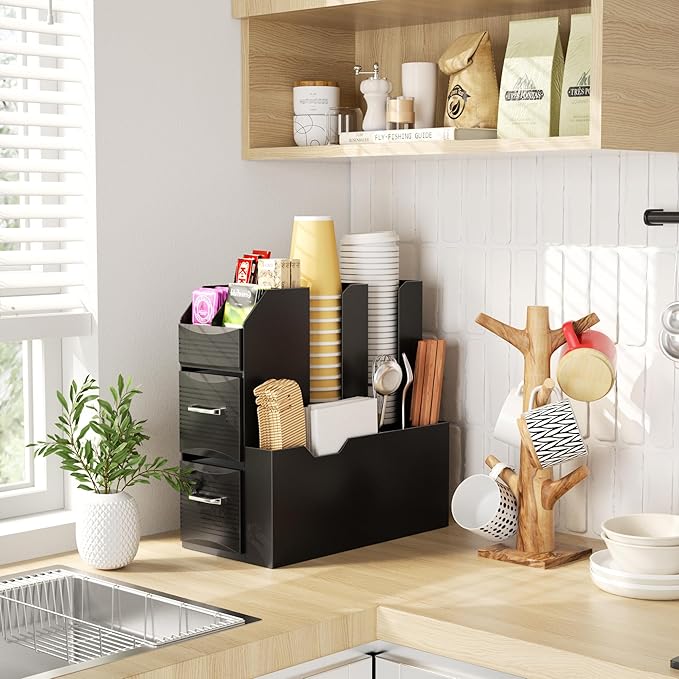 SZQINJI Coffee Condiment Organizer 11-Compartment Breakroom Coffee Station Organizer Countertop Cup Storage with 2 Drawers Black