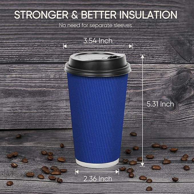 100 Pack 16 oz Disposable Coffee Cups with Lids and Straws, Insulated Ripple Wall To Go Paper Corrugated Cups, Bulk for Hot/Cold Drinks, Cafe Bar, Office, Chocolate, Cocoa (Navy)