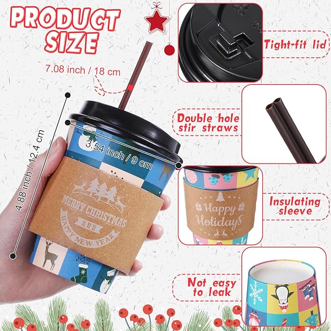 Remerry 100 Sets 400 Pcs 12 oz Christmas Disposable Coffee Cups with Lid, Straws and Sleeves Snowflake Reindeer Snowman Paper Cups Xmas Party Supplies for Hot Drink Cold Beverage(Christmas Style)