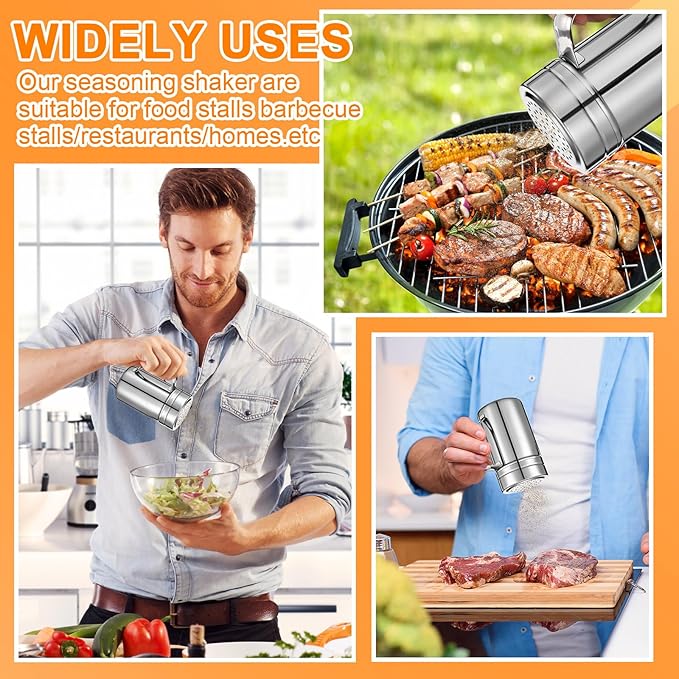 Lallisa 4 Pcs Stainless Steel Salt and Pepper Shakers with Lid and Handle Dredge Spice Seasoning Condiment Popcorn Salt Shaker Powder Sugar Flour for Cooking Kitchen Baking (14oz)