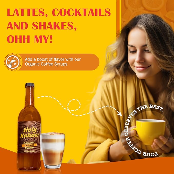 Holy Kakow Cafe Organic Orange Syrup - Orange Syrup, Coffee Syrup, Organic Syrup for Coffee, Orange Syrup for Coffee, Add to Latte, Cocktail and Shake, Real Food Ingredients, Specific Flavor - 750ml