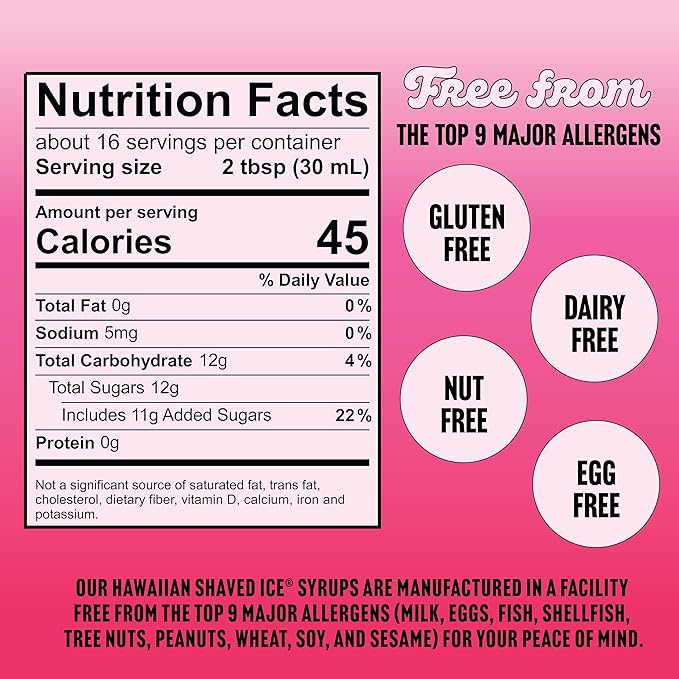 Hawaiian Shaved Ice Syrup Gallon, Strawberry Flavor, Great for slushies, Italian soda, popsicles, & more, no refrigeration needed, allergy-friendly, perfect for snowcone stand and coffee shop owners