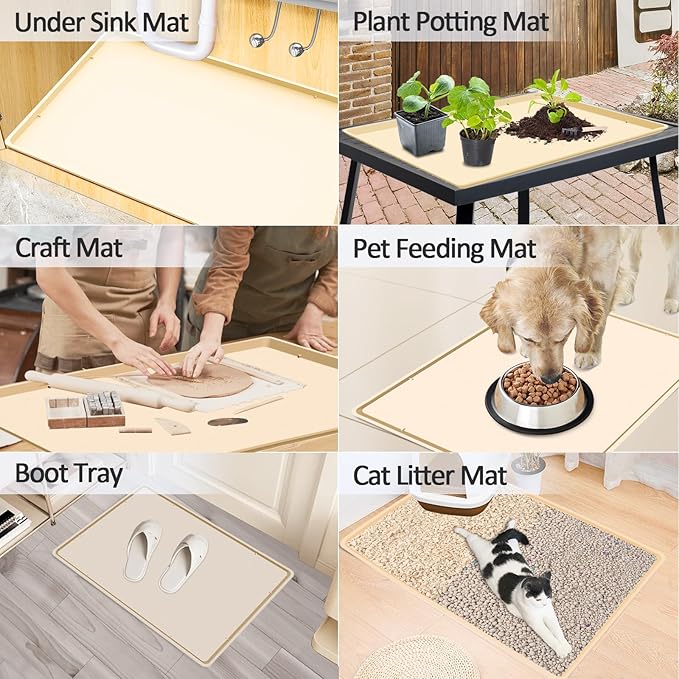 TOHONFOO Silicone Coffee Maker Mat with Lip, 19.7'' x 15'' Heavy Duty Coffee Maker Mat for Countertops, Coffee Tray Fit Under Coffee Machine Appliance Automatic Machines Espresso Accessory, Beige