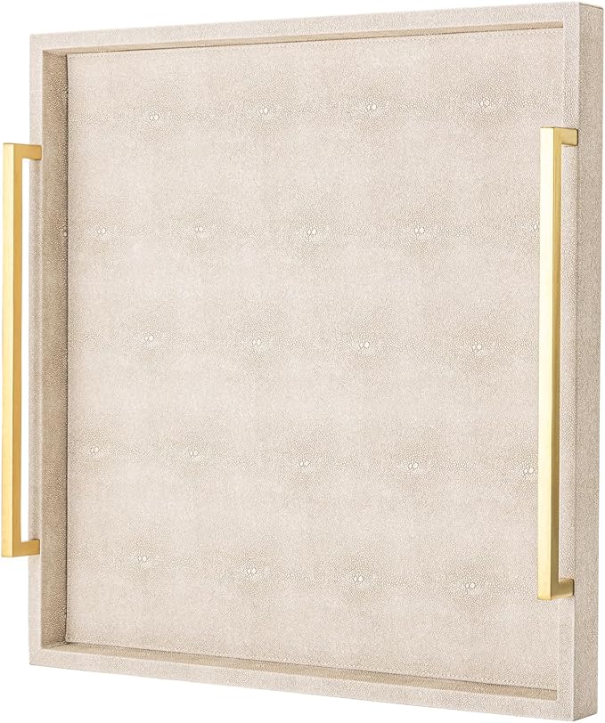 Large Ottoman Tray for Coffee Table,Square Shagreen Leather Decorative Tray with Gold Handles for Living Room Decor