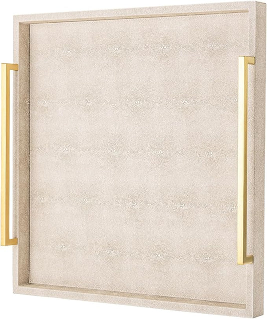 Large Ottoman Tray for Coffee Table,Square Shagreen Leather Decorative Tray with Gold Handles for Living Room Decor