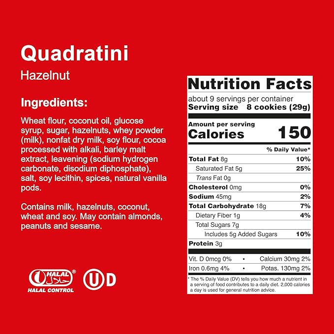 Loacker Quadratini Hazelnut Wafer Cookies LARGE - 30% Less Sugar - Premium Crispy Bite Size Wafers - NON-GMO - LARGE Pack of 6