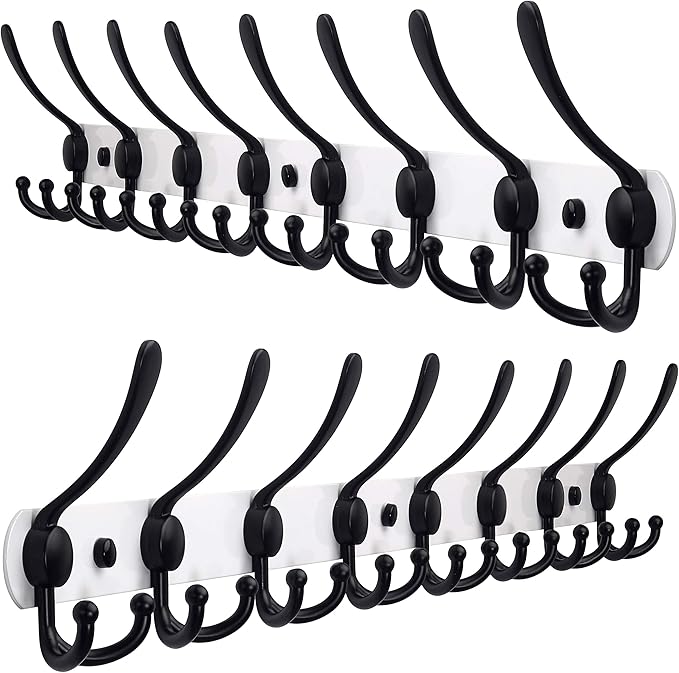 Dseap Coat Rack Wall Mount - 29.5” Long 8-Tri-Hooks Heavy Duty Coat Hanger Rail Wall Hooks for Hanging Coats Hats Clothing Clothes Purse Mudroom Entryway, White & Black, Pack of 2