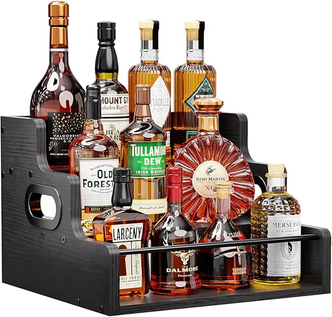 KLM Liquor Bottle Display Shelf, Coffee Syrup Rack Organizer, 3 Step Countertop Liquor Wine Rack, Mini bar,Liquor Cabinet, Home Retro Bar Shelf Stand for Liquor Whiskey, Spirits（Black）