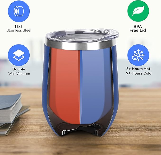 DOMICARE Stainless Steel Wine Tumbler Bulk with Lid, Personalized Insulated Tumblers Set, 12oz Travel Coffee Cups Pack of 8, Dark Blue