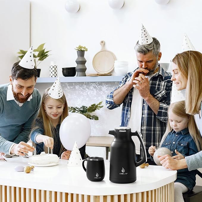 IDEUS Thermal Coffee Carafe 68oz (2,000ml), Stainless Steel Double Wall Insulated Vacuum Flask, Water Jug Coffee Server and Beverage Dispenser, Heat and Cold Retention (Black-Silver, 68oz (2,000ml))