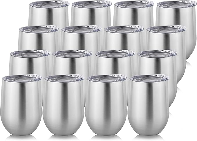 DOMICARE Stainless Steel Wine Tumbler Bulk with Lid, Personalized Insulated Tumblers Set, 12oz Travel Coffee Cups Pack of 16, Stainless steel