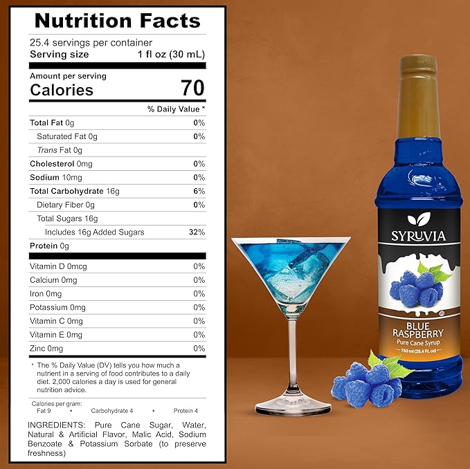 Syruvia Blue Raspberry Syrup, Flavored Syrup for Drinks, Cocktails, Lemonades, Iced Teas, and Desserts – 25.4 fl oz