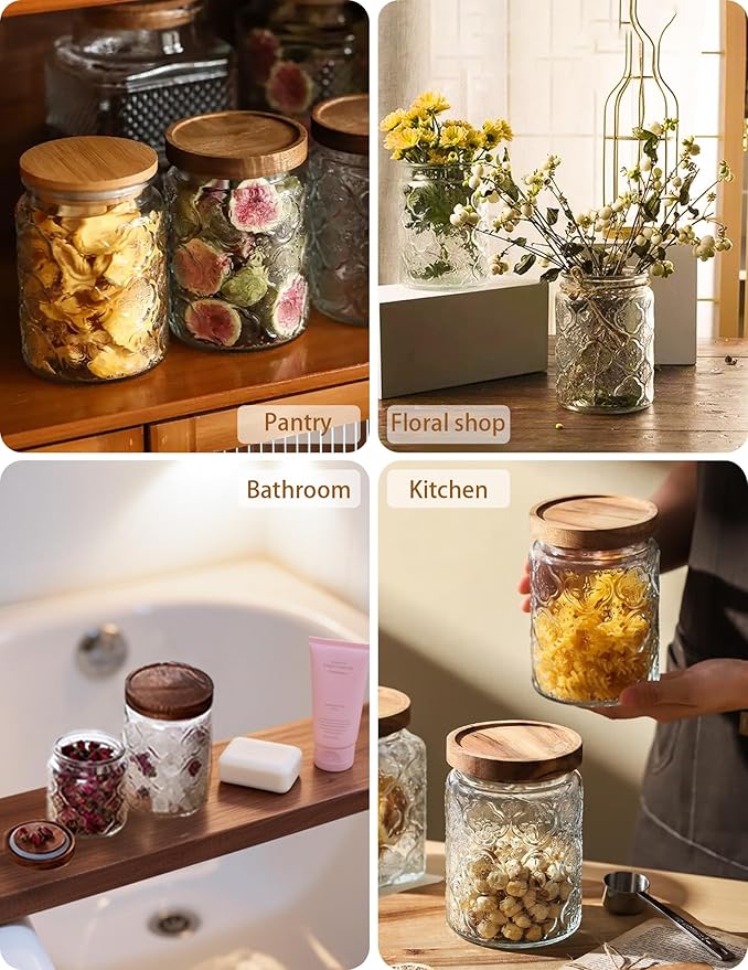 Vintage Glass Jars with Wood Lids - Airtight Canisters Sets for Kitchen Countertop and Bathroom, for Storage Candy, Cookie, Coffee, Apothecary, Sugar, Flour, Tea, Pet Treat, 24 OZ, Set of 2