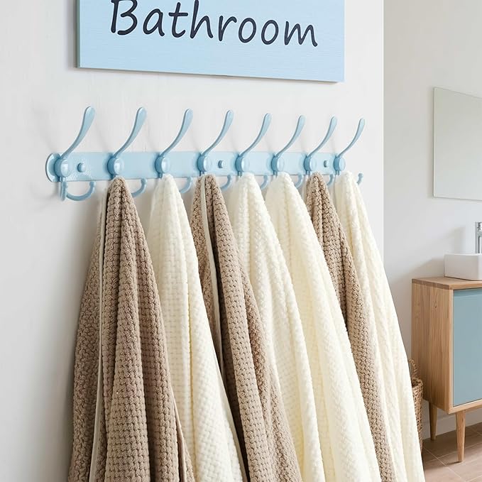 Dseap Coat Rack Wall Mount - 29.5” Long 8-Tri-Hooks Heavy Duty Coat Hanger Rail Wall Hooks for Hanging Coats Hats Clothing Clothes Purse Mudroom Entryway, Blue, Pack of 2