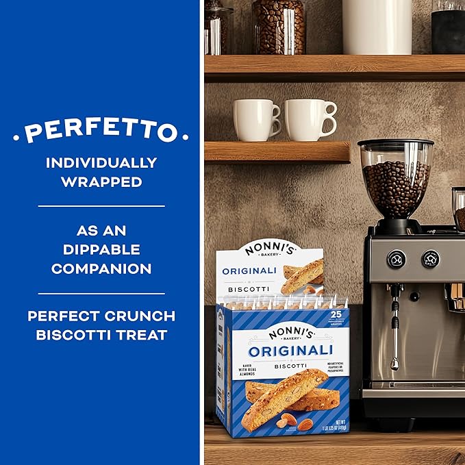 Nonni's Originali Classic Almond Biscotti Cookies – Individually Wrapped Italian Coffee Snack, Crunchy Twice-Baked, 80 Cal Each, 17.25 oz Carton