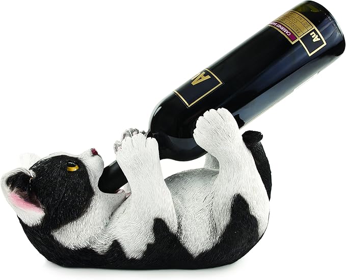 True Klutzy Kitty Cat Countertop Wine Bottle Holder Kitchen Decor Tabletop Wine Rack Animal Stand for Cat Lovers and Pet Owners, Black and White, Set of 1