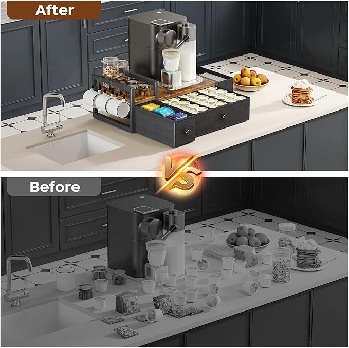 Homeiju Coffee Pod Drawers - K Cup Organizer, Nespresso Pods Holder with Mug Rack, Coffee Holder for Countertop, 52 Capacity Pods, Suitable for Kitchens, Offices and Coffee Bars(Brown)