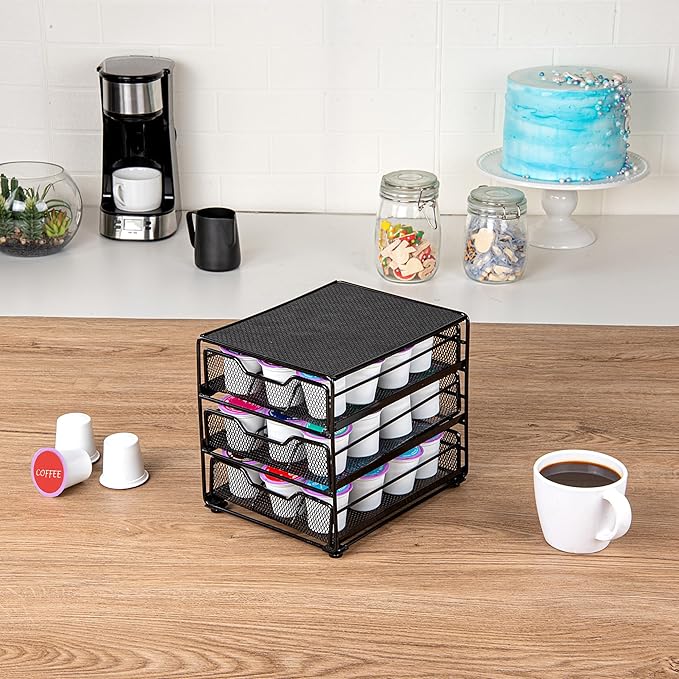 Restaurantware Restpresso 8.5 x 8.5x 7 Inch Multi-Tier Coffee Capsule Drawer 1 Heavy-Duty Pod Drawer - Holds 36 K-Cups Grip Top Iron Espresso Pod Organizer Mesh Tray Pods Not Included