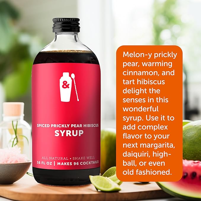 Shaker & Spoon Spiced Prickly Pear Syrup, 16oz Hibiscus Flowers & Cinnamon Flavored Syrups for Drinks, Margarita Mix Alternative, Vegan Craft Cocktail Syrup for Mocktails, Non Alcoholic Drinks