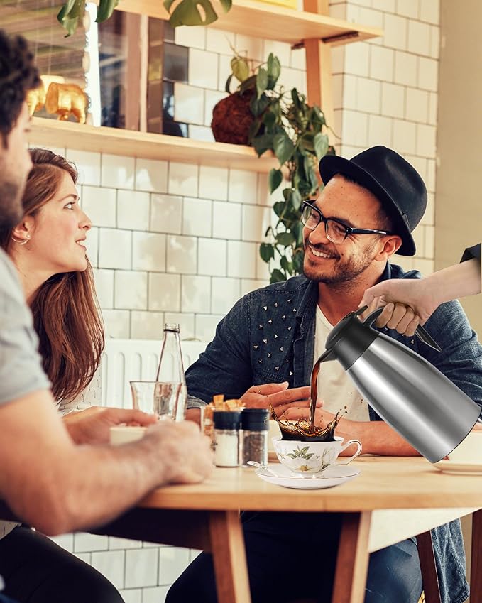 70Oz Thermal Coffee Carafe for keeping hot, 2 PCS Updated Carafe for hot liquid, Insulated Coffee Carafe Stainless Steel Thermal Pot for Coffee, Hot Water,Keep Hot 12 Hours (silver+silver)