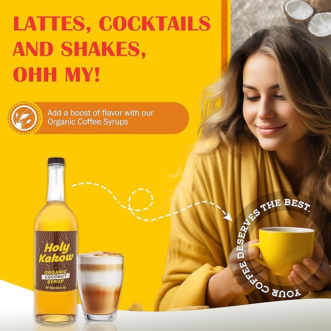 Holy Kakow Cafe Organic Coconut Syrup - Coconut Coffee Syrup, Organic Syrup for Coffee, Latte, Cocktail and Shake, Real Food Ingredients - 750ml