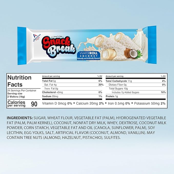 Snack Break Coconut Rolled Wafers, Individually Wrapped, Wafer Rolls with Creamy Coconut Filling, Snacks for Kids & Adults, 24 Individual Packs, Pack of 12