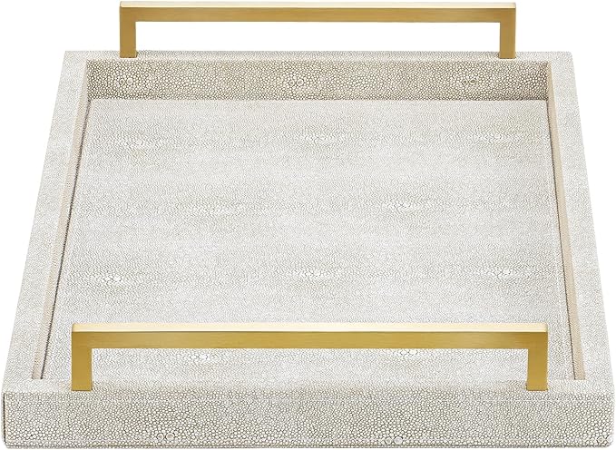 Ivory Shagreen Decorative Tray Large Rectangle Coffee Table Tray for Ottoman Faux Leather Serving Tray with Brushed Gold Handles