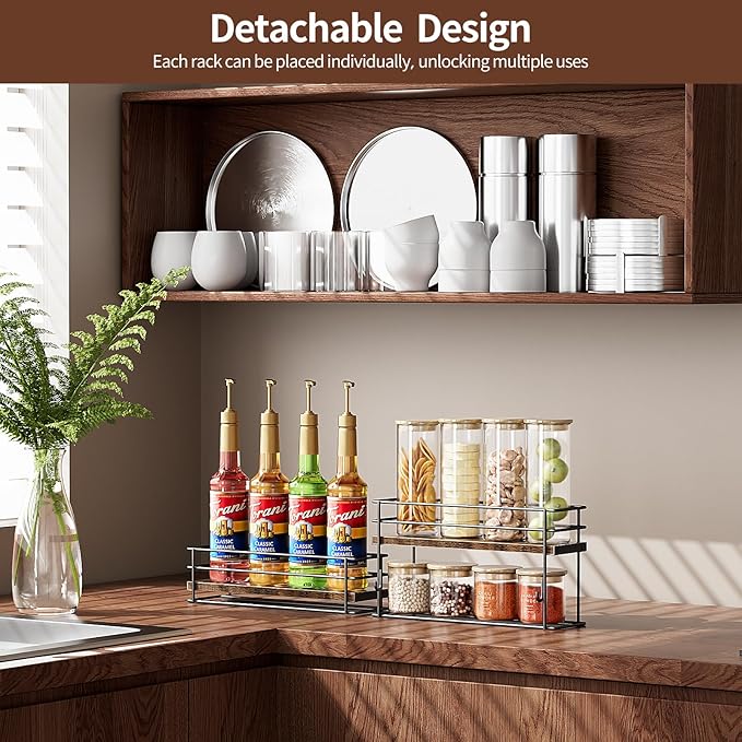 Nuovoware Coffee Syrup Organizer, 2-Tier 8 Bottles Organizer, Separable Metal Rack with Wooden Base Whiskey Wine Dressing for Countertop Kitchen Bar, Black