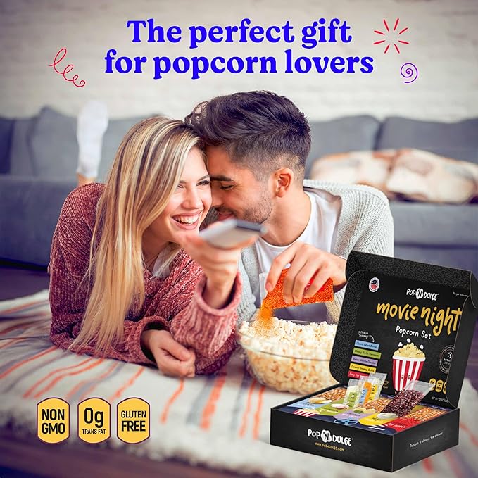 Pop n' Dulge Popcorn Movie Night Supplies 16 pcs Gift Set, 5 Gourmet Popcorn Kernels, 5 Seasoning Variety Packs Non-GMO Kosher Snacks, Great Housewarming Family Date Night Gifts Basket Ideas For Him Her