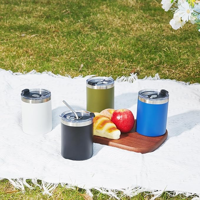 MEWAY 12oz/8Pack Coffee Mug With Lid, Insulated Stainless Steel Reusable Coffee Cup, Double Wall Durable Coffee Mug, Powder Coate，For Coffee, Beer, Home, Office(Army Green,8 Pack)