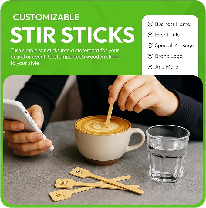 6.25" Wooden Coffee Stirrers with Square Heads – Customizable Stir Sticks with Logo or Text | Eco-Friendly Drink Stirrers for Coffee, Tea, Beverages & Events (6.25" - Pack of 50)