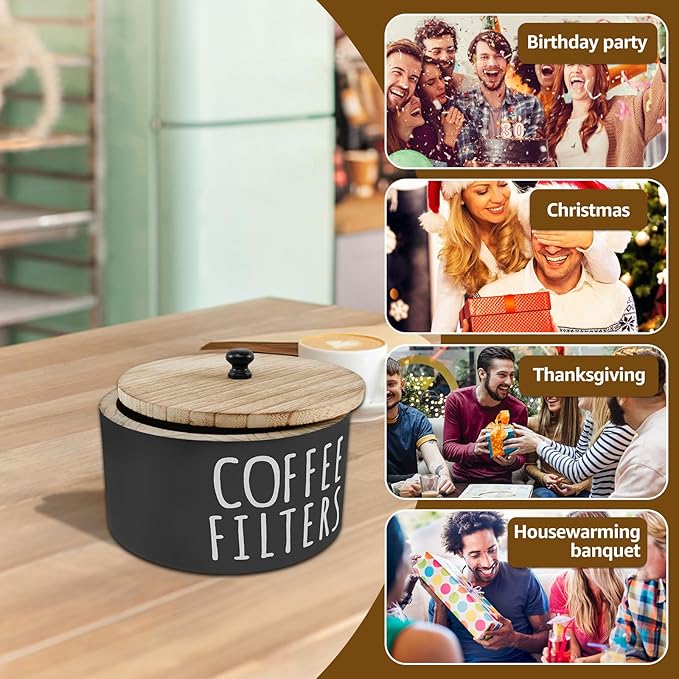 Coffee Filter Holder, Wooden Large Capacity Rustic Coffee Filter Storage Case Dispenser with Bamboo Lid, Round Organizer Basket Container Storage for Pod and Filter, Coffee Bar Accessories