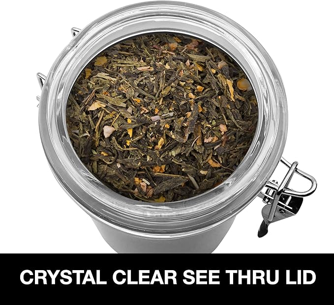 Oggi Stainless Steel Tea Canister 62 fl oz - Airtight Clamp Lid, Clear See-Thru Top - Ideal for Tea Bag, Loose Tea, Kitchen Storage, Pantry Storage. Large Size 5" x 7.5".