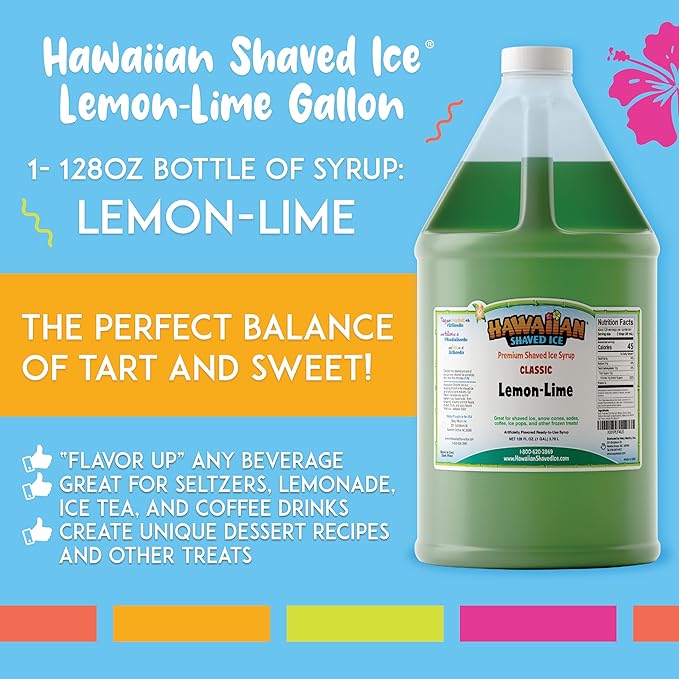 Hawaiian Shaved Ice Lemon-Lime Syrup - Nut Soy Dairy Free - Flavor Fluffy & Crunchy Snow Cone Ice - Shelf Stable - Makes 64 Servings - 1 Gallon